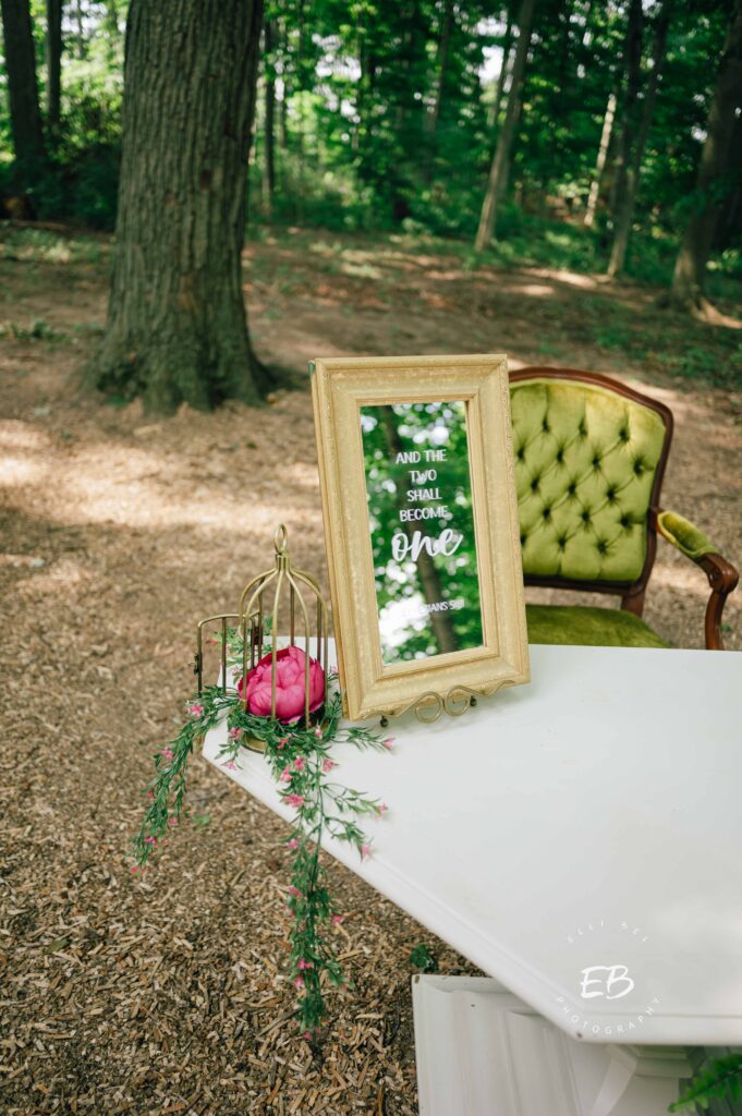 table for wedding registry signing and a frame